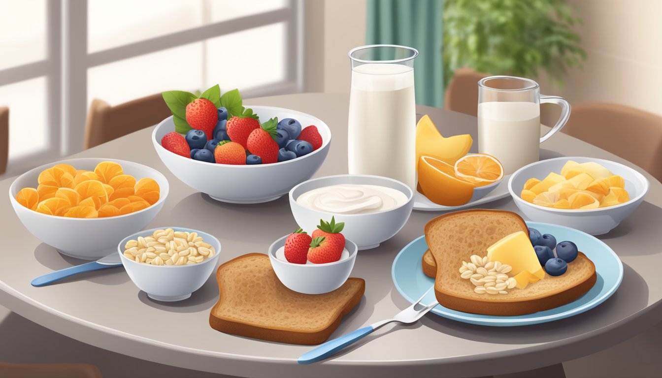 A table set with a variety of healthy breakfast options, including whole grain toast, fresh fruit, yogurt, and low-sugar cereals