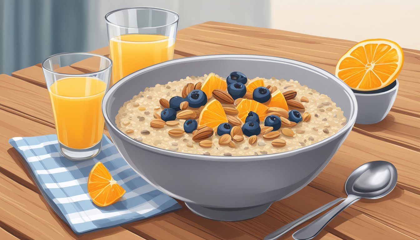 A bowl of oatmeal topped with flaxseeds, berries, and nuts sits on a wooden table next to a glass of freshly squeezed orange juice