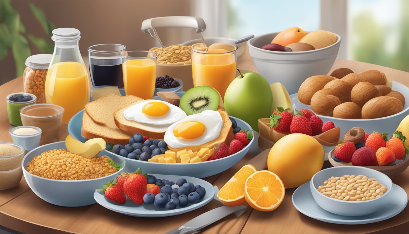 A breakfast table with a variety of food items, including fruits, whole grains, and proteins, with a focus on the impact of hormones on diabetic blood sugar levels