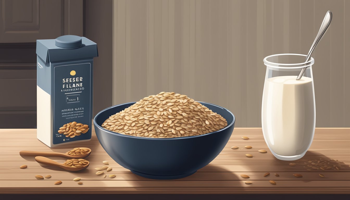 A bowl of oatmeal topped with flaxseeds, a glass of almond milk, and a container of flaxseeds stored in a cool, dark pantry