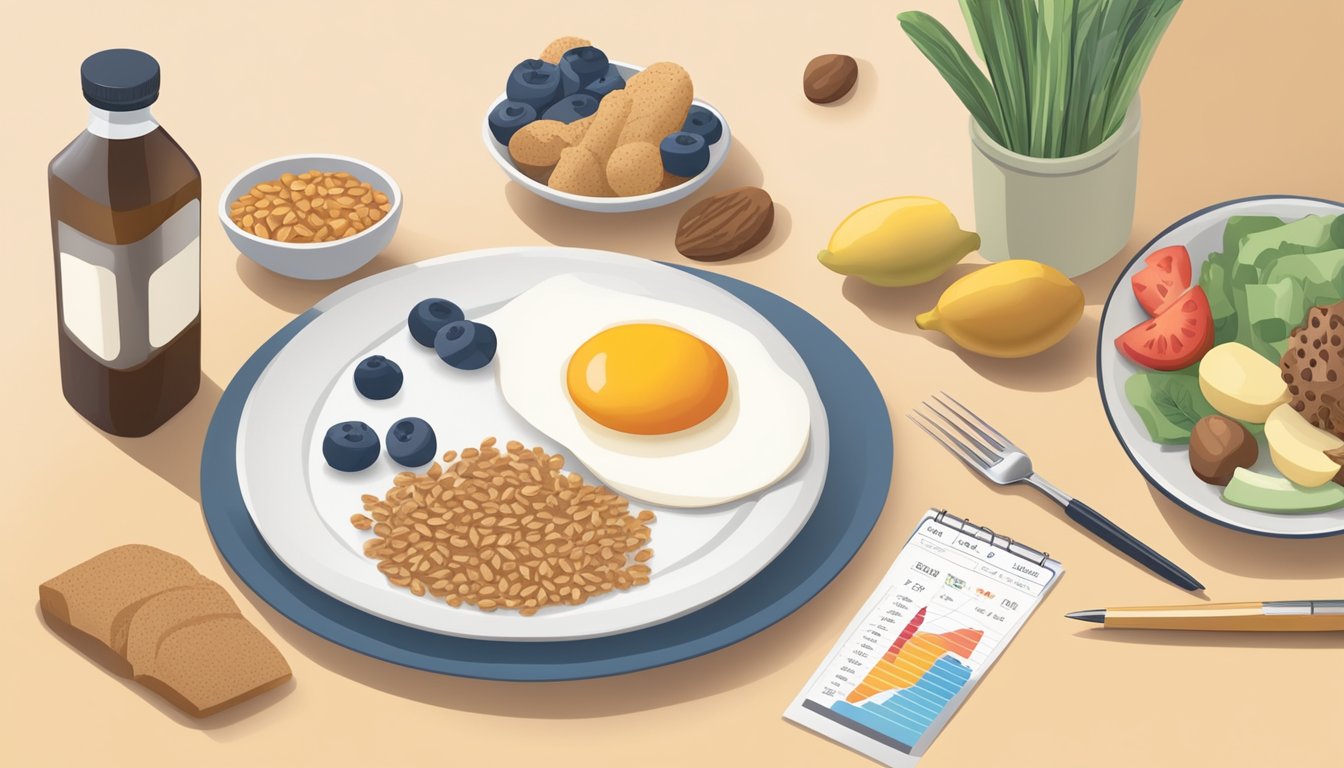 A breakfast table with a balanced meal of whole grains, fruits, and protein, alongside a bottle of insulin and a diagram showing the impact of hormones on blood sugar levels