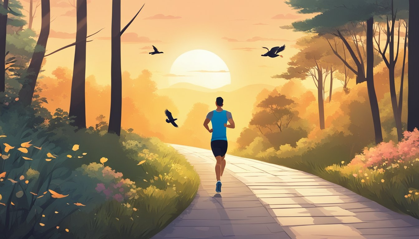 A person jogging on a path with a sunrise in the background, surrounded by trees and birds chirping