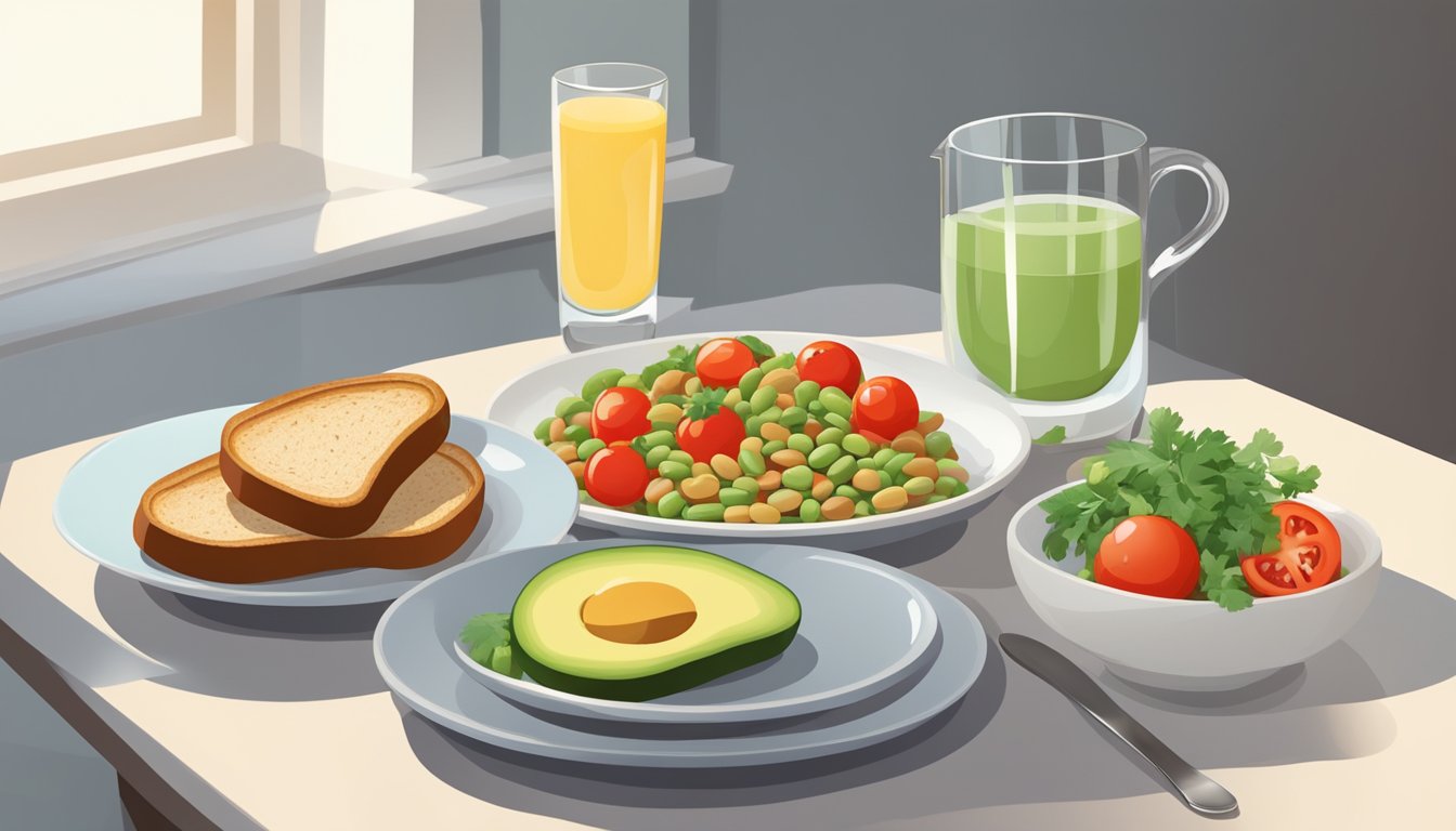 A breakfast table with a bowl of mixed legumes, a glass of water, and a plate of whole grain toast with avocado and tomatoes