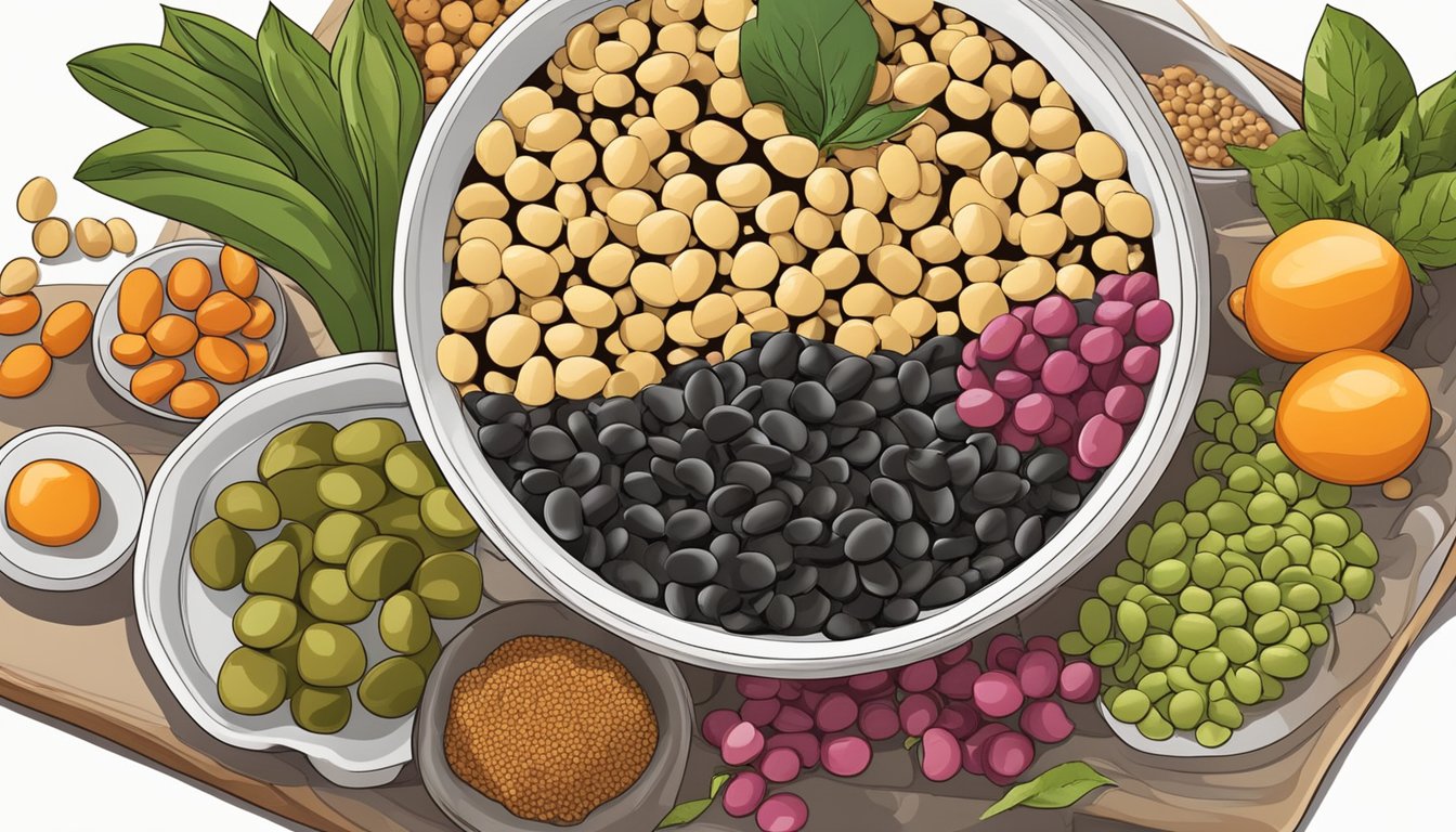 A bowl of mixed legumes, such as lentils, chickpeas, and black beans, arranged on a breakfast table with a variety of fruits and whole grain bread