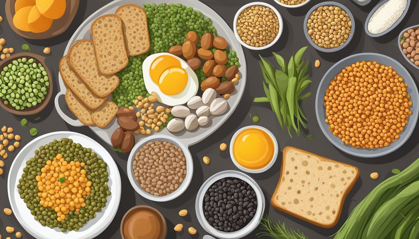 A breakfast table with a variety of legumes such as lentils, chickpeas, and beans, alongside whole grain bread and fresh vegetables