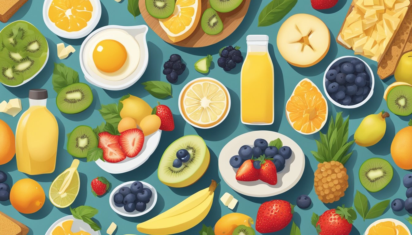 A colorful array of fresh fruits, whole grains, and dairy products arranged on a breakfast table, with a focus on B vitamin-rich foods like eggs, leafy greens, and fortified cereals