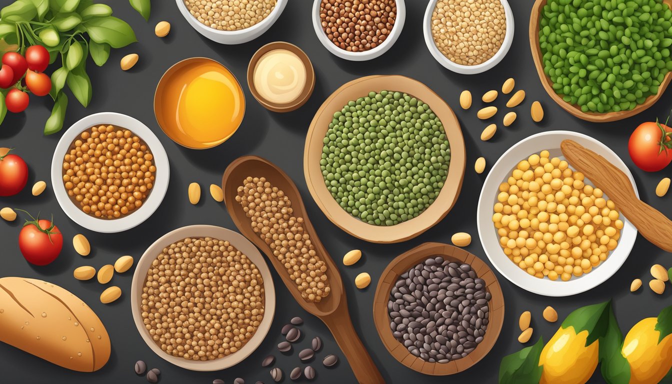 A breakfast table with a variety of legumes, such as lentils, chickpeas, and beans, alongside whole grain bread and fresh fruits