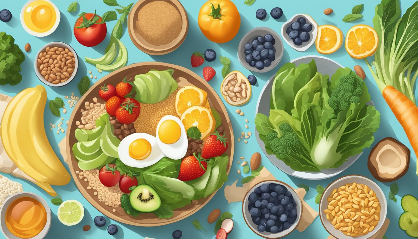 A colorful array of vegetables, fruits, and whole grains, alongside a variety of B vitamin-rich foods like eggs, nuts, and dairy, set on a breakfast table