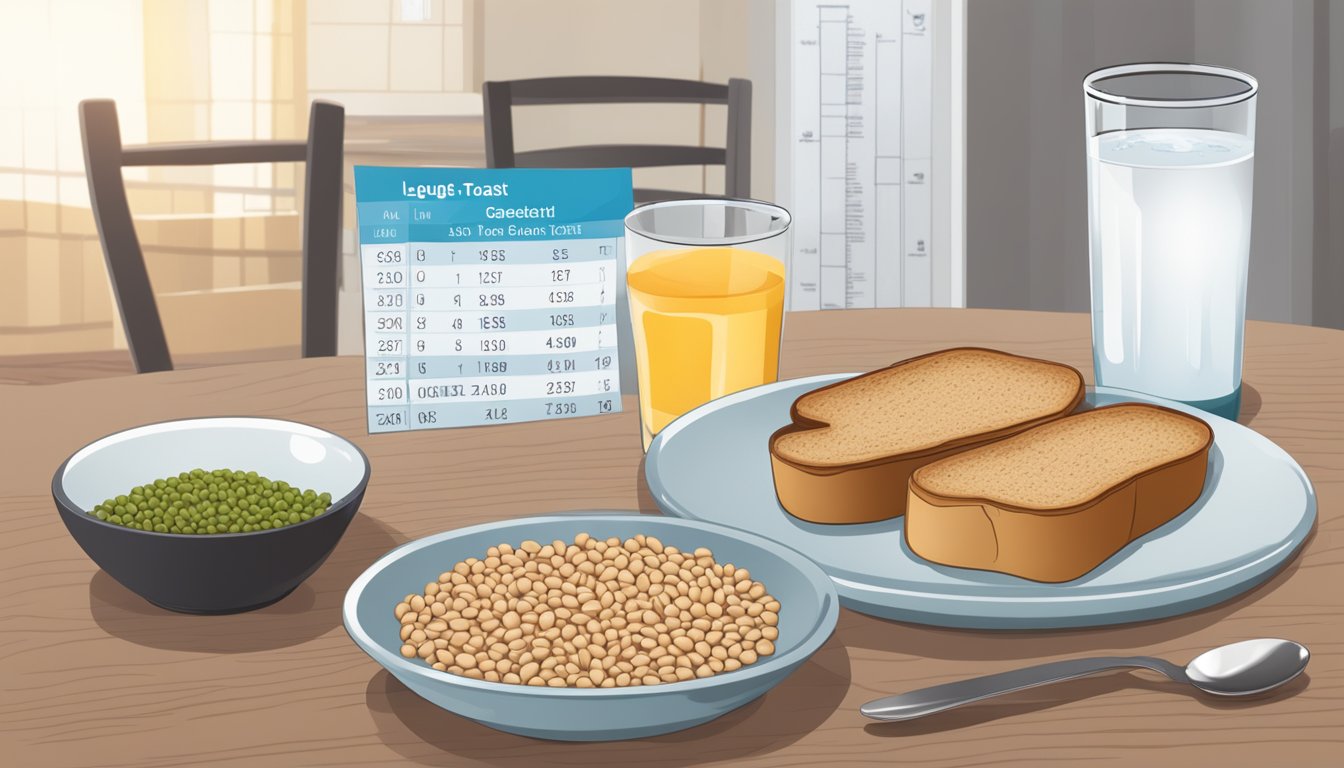 A breakfast table with a bowl of legumes, a plate of whole grain toast, and a glass of water, with a medical chart showing blood sugar levels in the background