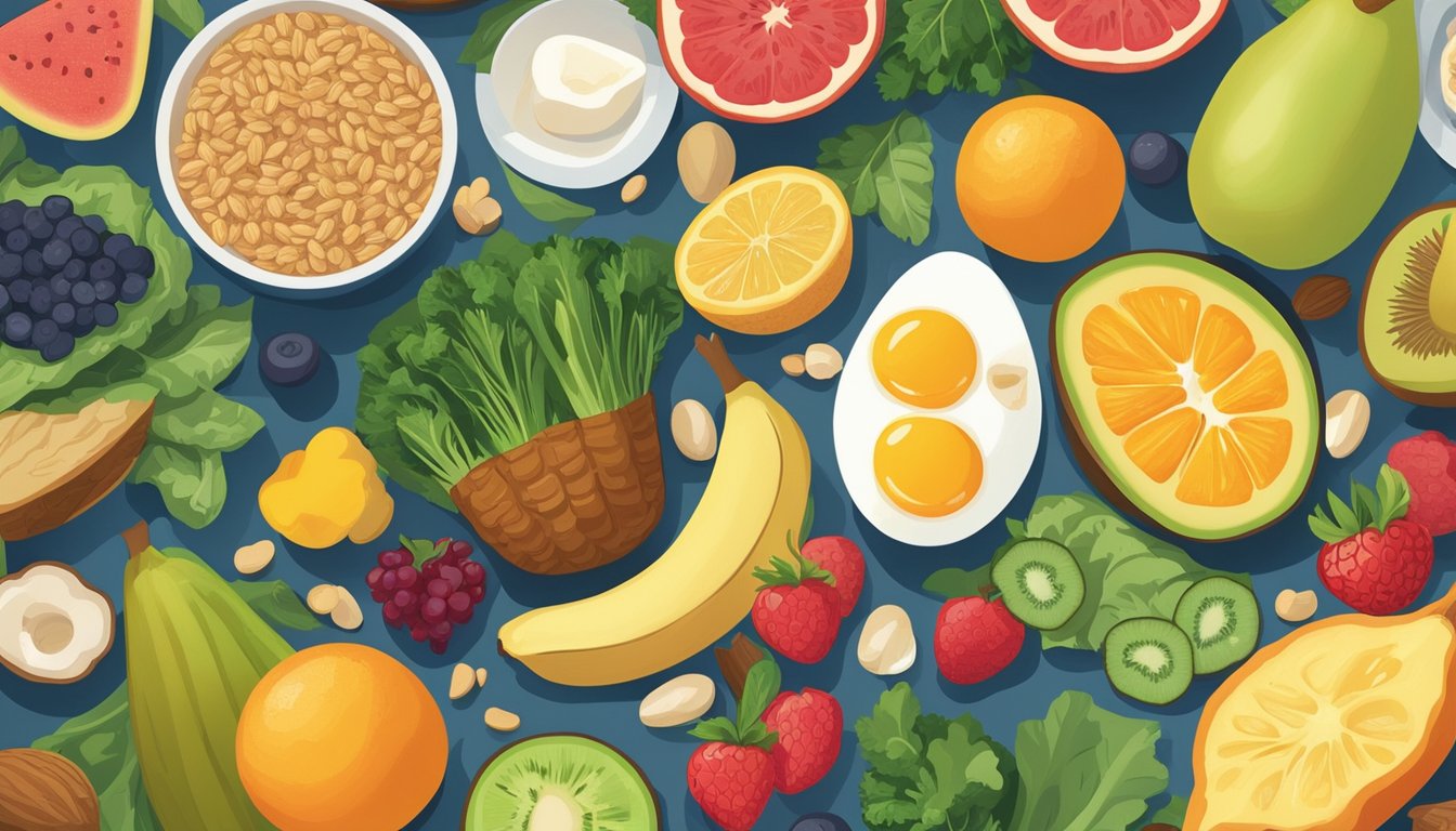 A colorful array of fruits, vegetables, and whole grains spread out on a breakfast table, with a variety of B vitamin-rich foods such as eggs, nuts, and leafy greens