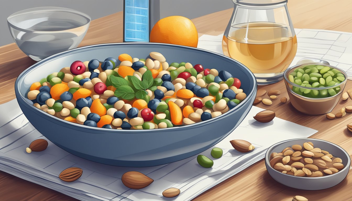 A bowl of mixed legumes, nuts, and fruits arranged on a breakfast table with a glass of water and a blood sugar monitoring device nearby