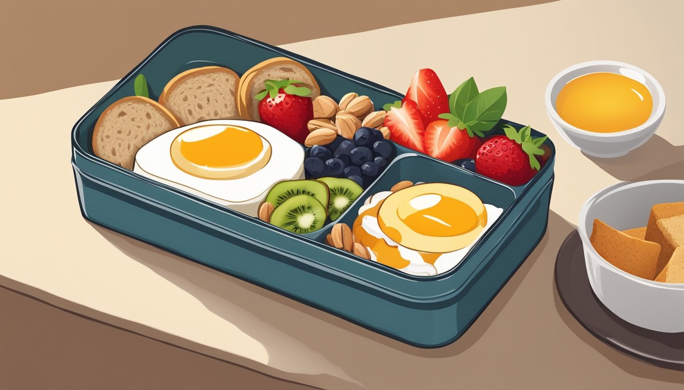 A colorful bento box filled with a balanced breakfast: a small portion of whole grain toast, a serving of fresh fruit, a hard-boiled egg, and a handful of nuts