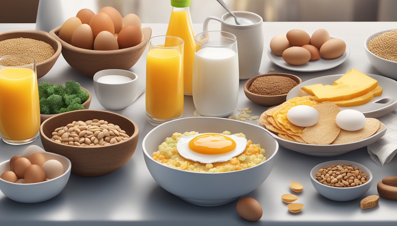 A breakfast table with a variety of foods including eggs, whole grains, and fruits, with a bottle of B vitamin supplements next to a glass of water