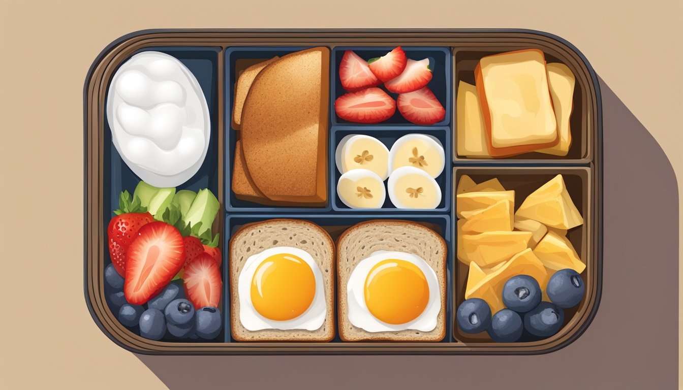 A colorful bento box filled with diabetic-friendly breakfast items such as whole grain toast, fresh fruit, hard-boiled eggs, and yogurt