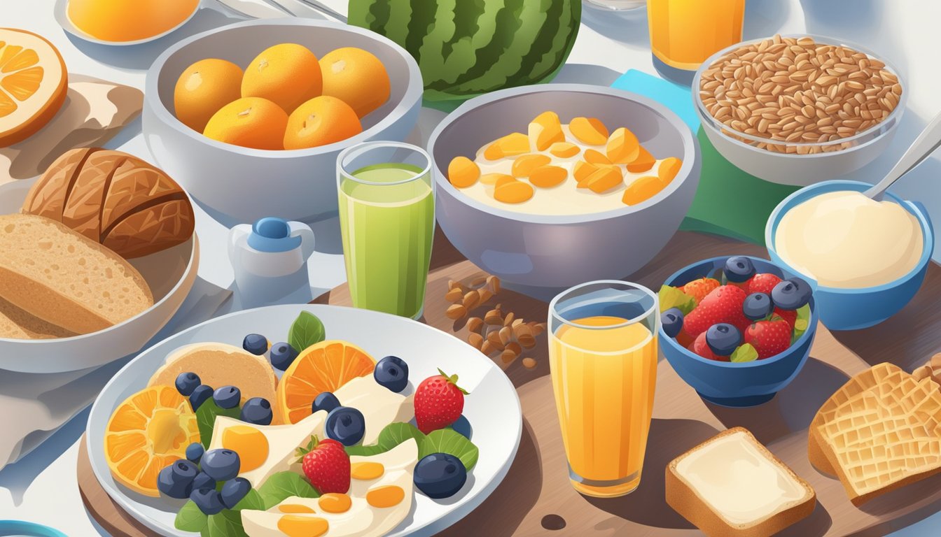 A colorful breakfast spread with a variety of B vitamin-rich foods, such as whole grains, fruits, and dairy, set against a backdrop of a bustling morning routine