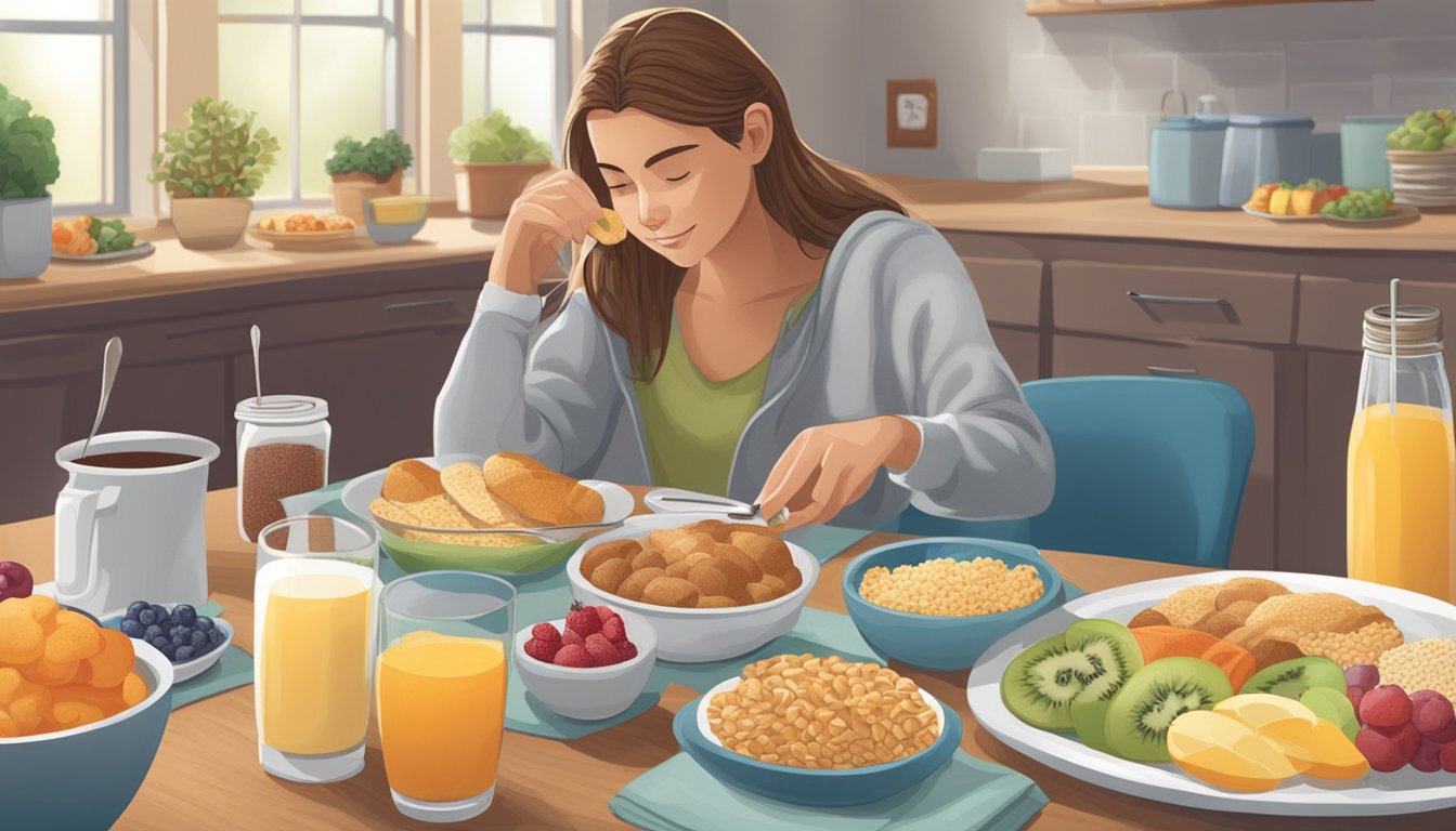 A table set with a variety of breakfast options, including whole grains, fruits, and low-sugar options. A diabetic teen sits nearby, choosing their meal