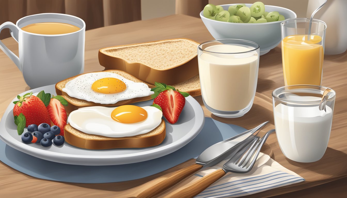 A table set with a variety of breakfast options, including whole grain toast, fresh fruit, yogurt, and eggs. A nutritional label is visible on some items