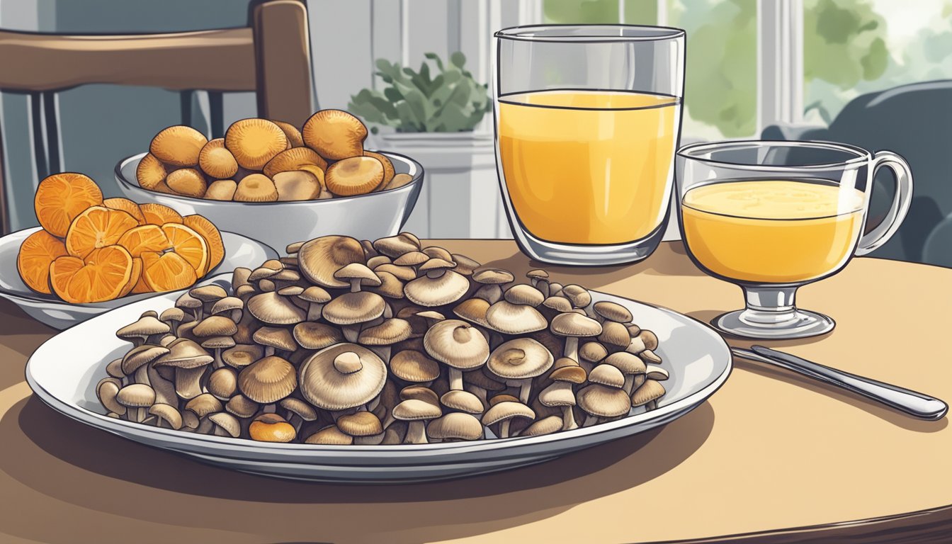 A plate of assorted mushrooms arranged next to a bowl of oatmeal and a glass of orange juice on a breakfast table