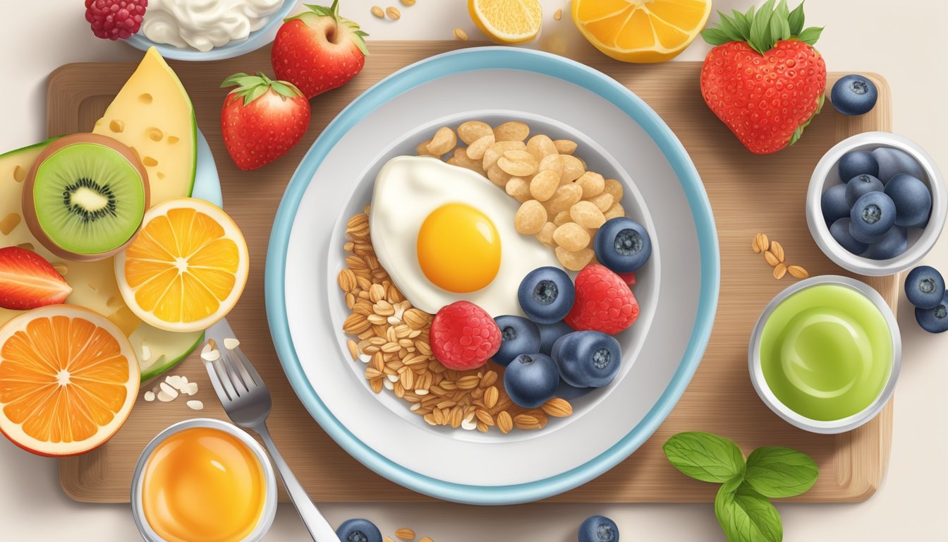 A colorful breakfast plate with a variety of healthy food options, including fruits, whole grains, lean proteins, and low-fat dairy products