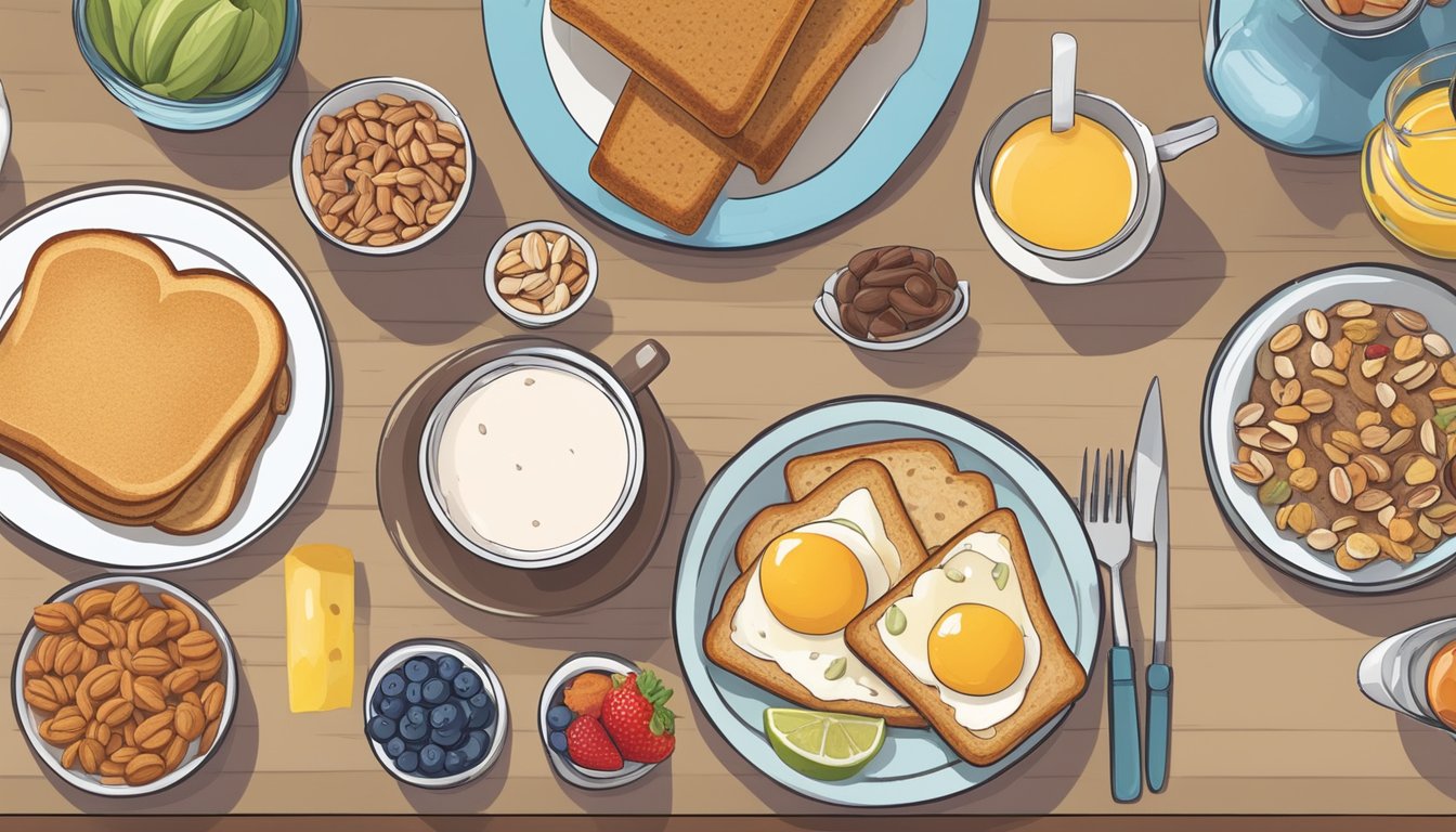 A table set with a variety of breakfast foods, including whole grain toast, fresh fruit, yogurt, and nuts. A diabetic teen looks at a chart of smart food swaps and suggestions