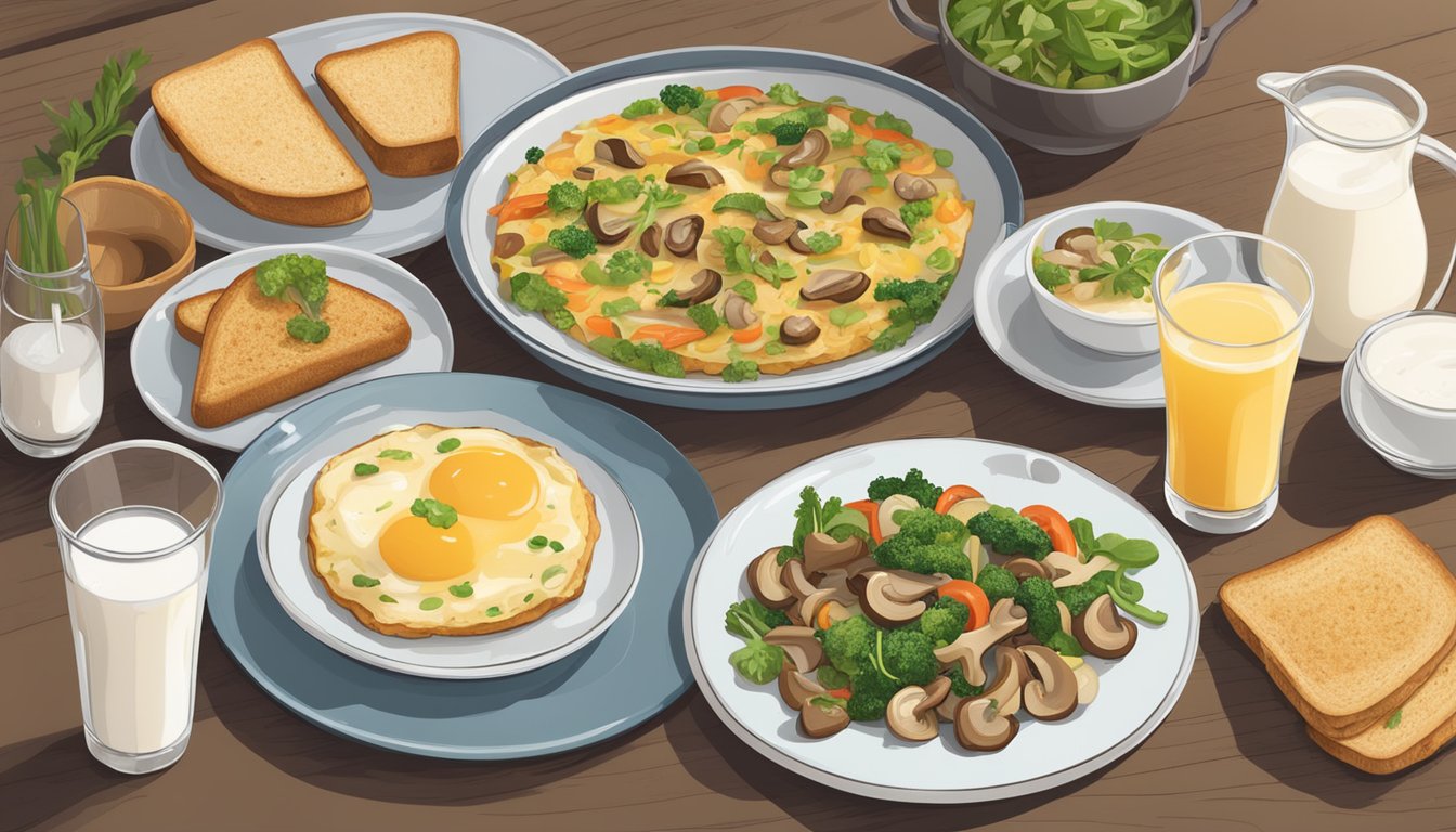 A breakfast table with a variety of mushroom dishes, such as mushroom omelettes, sautéed mushrooms, and mushroom and vegetable stir-fry, alongside a plate of whole grain toast and a glass of unsweetened almond milk