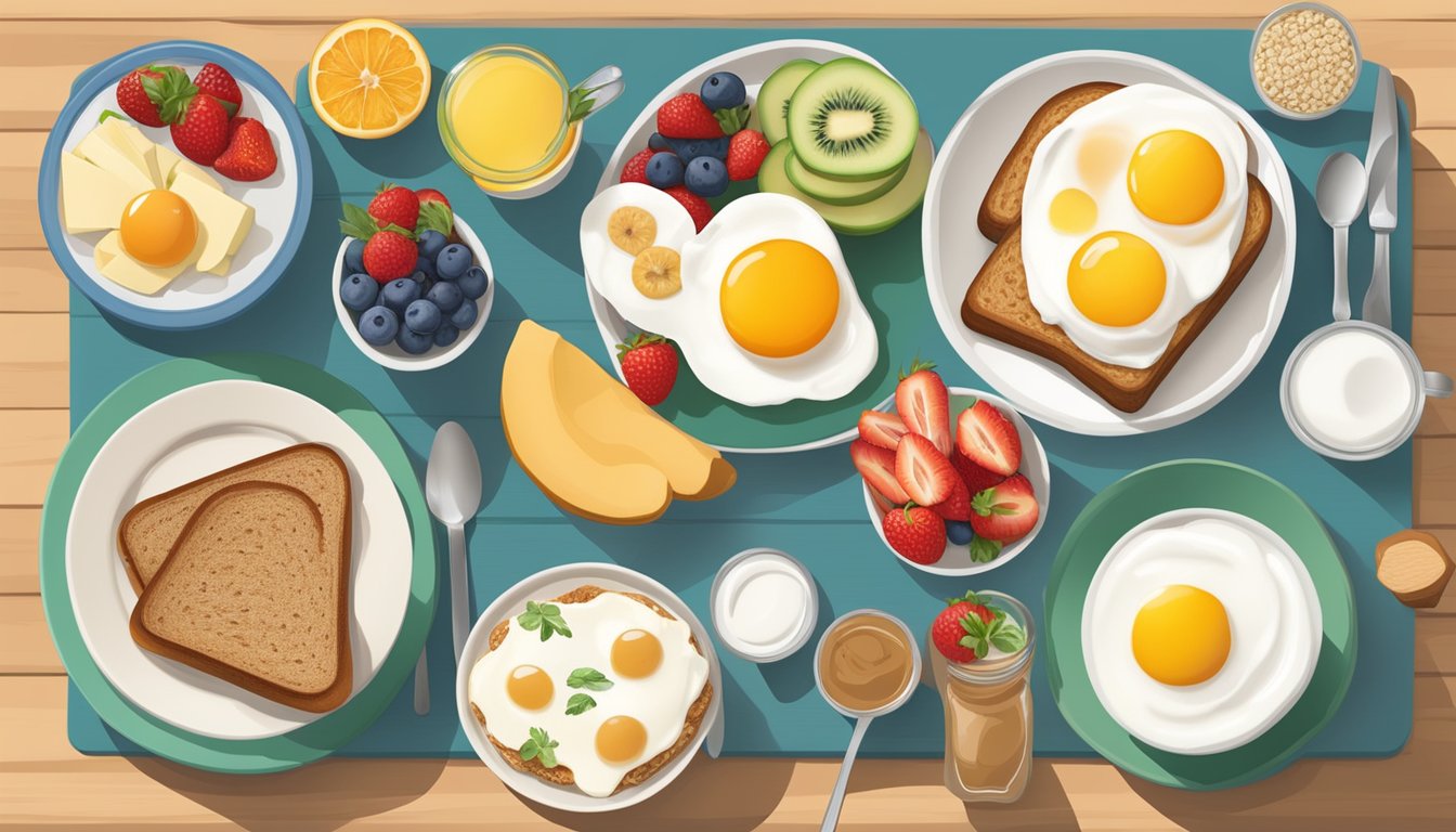 A table set with a variety of healthy breakfast options, such as whole grain toast, fresh fruit, yogurt, and eggs, with a focus on low-sugar and high-fiber choices