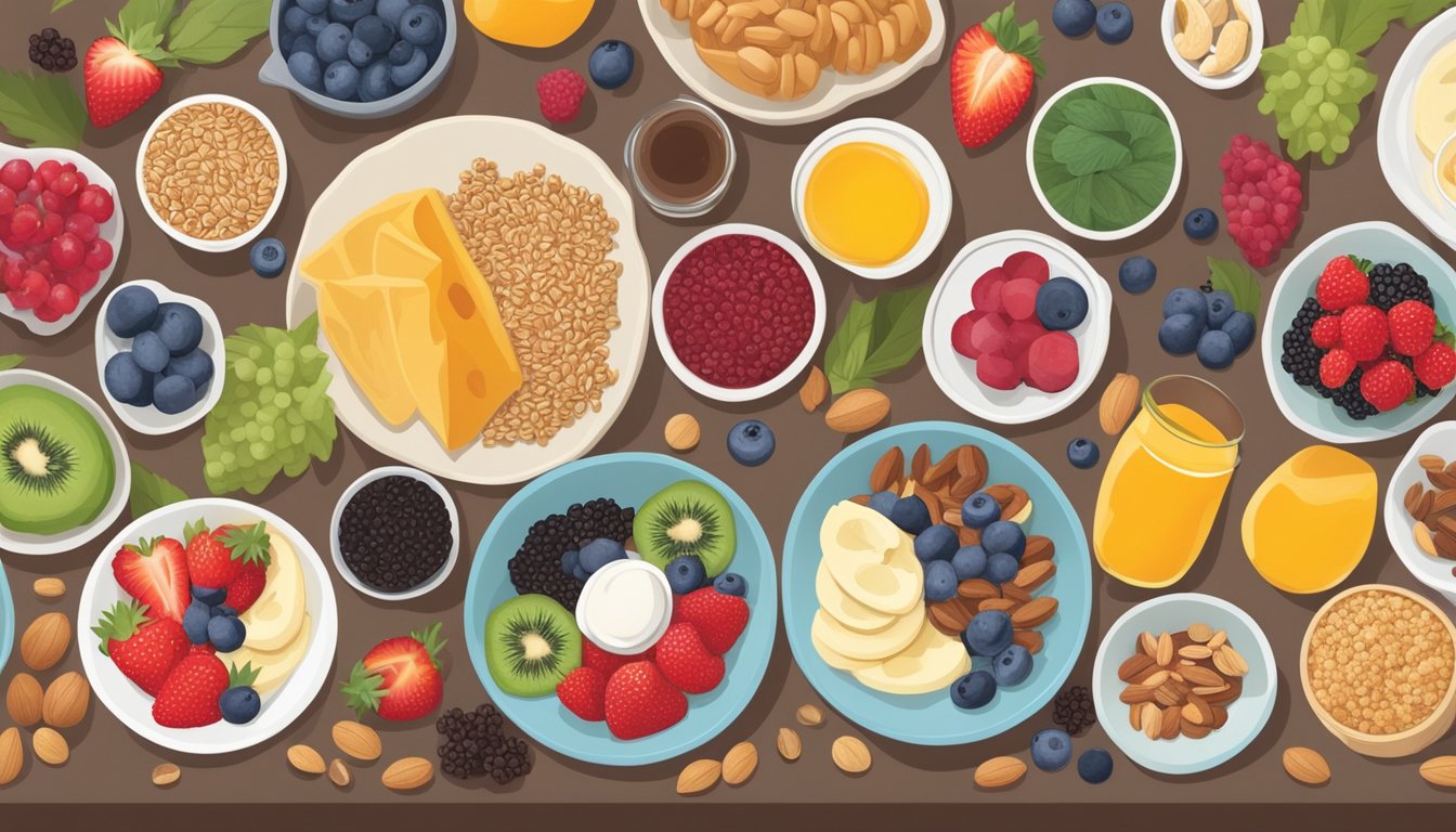 A colorful breakfast spread with a variety of superfoods like berries, nuts, and whole grains displayed on a table