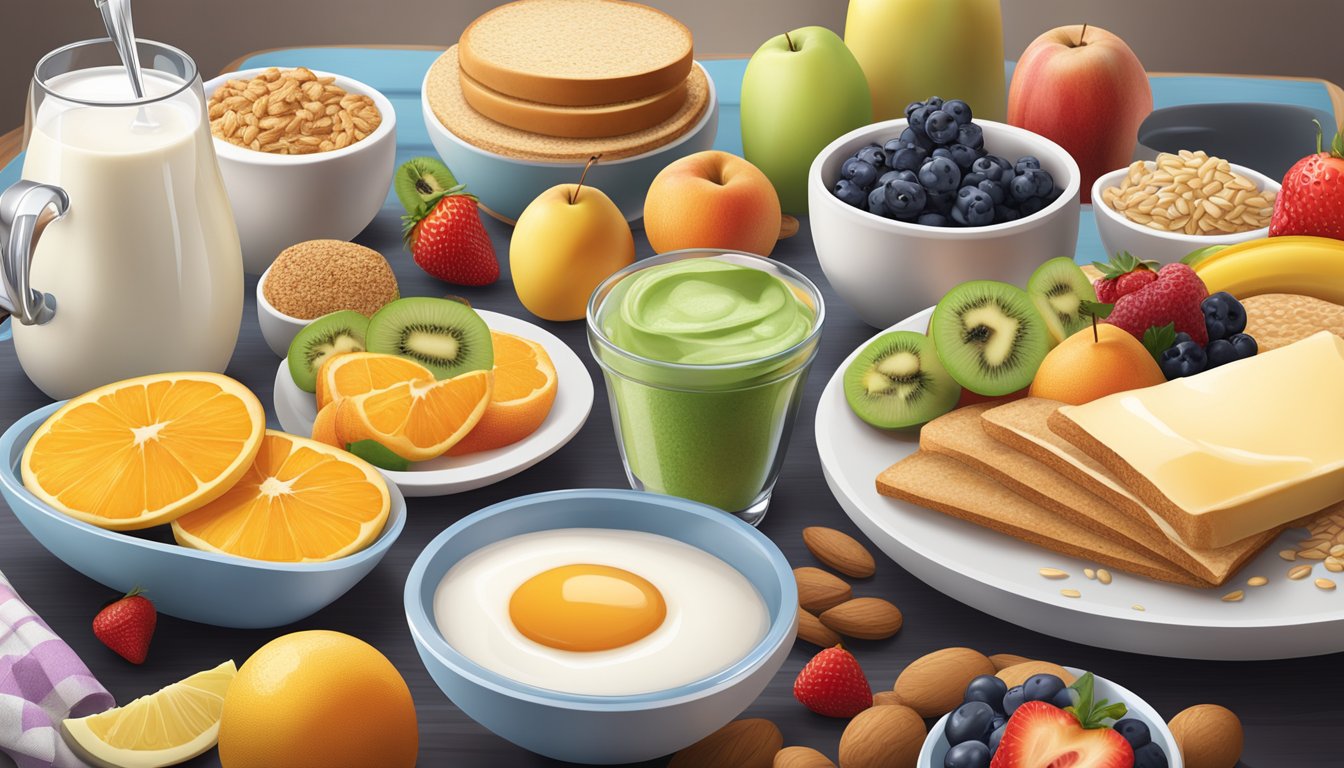 A breakfast table with a variety of healthy food options, such as fruits, whole grains, and low-fat dairy, with a focus on skin-boosting nutrients