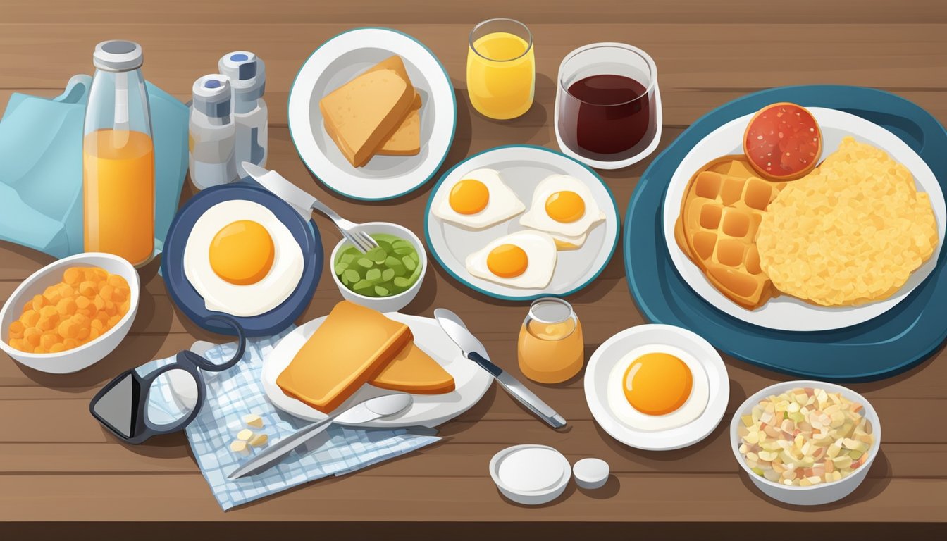 A table set with a variety of breakfast foods, a bottle of medication, and a blood glucose monitor on the side