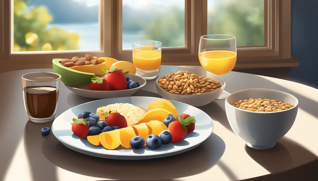 A table set with a balanced breakfast of fruits, whole grains, and nuts, alongside a glass of water, with sunlight streaming through a window