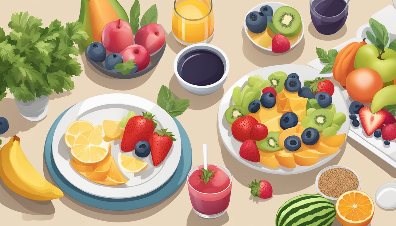 A breakfast table set with colorful fruits, vegetables, whole grains, and lean proteins, with a focus on anti-inflammatory ingredients