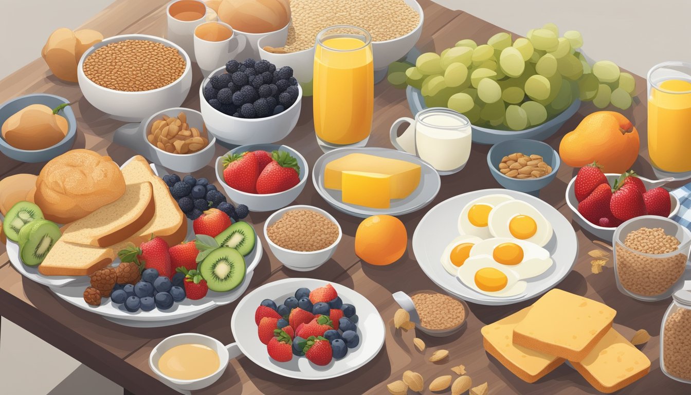 A breakfast table with a variety of healthy food options such as fruits, whole grains, and lean proteins, with a focus on diabetic-friendly choices