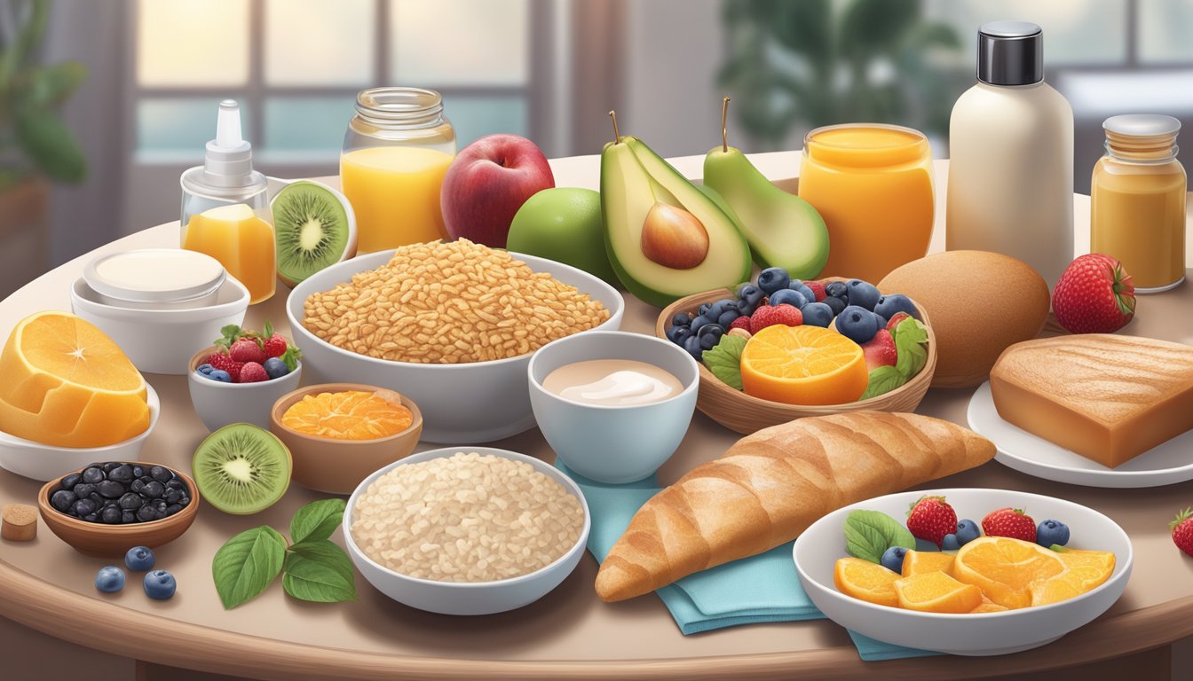 A breakfast table with a variety of foods, including fruits, whole grains, and protein, surrounded by skin care products and a diabetes monitoring kit