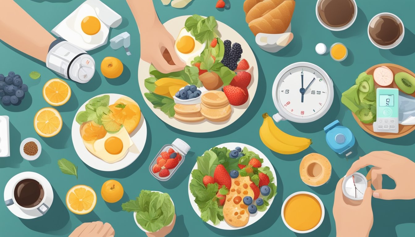 A person taking medication with breakfast, surrounded by healthy food options and a blood sugar monitor