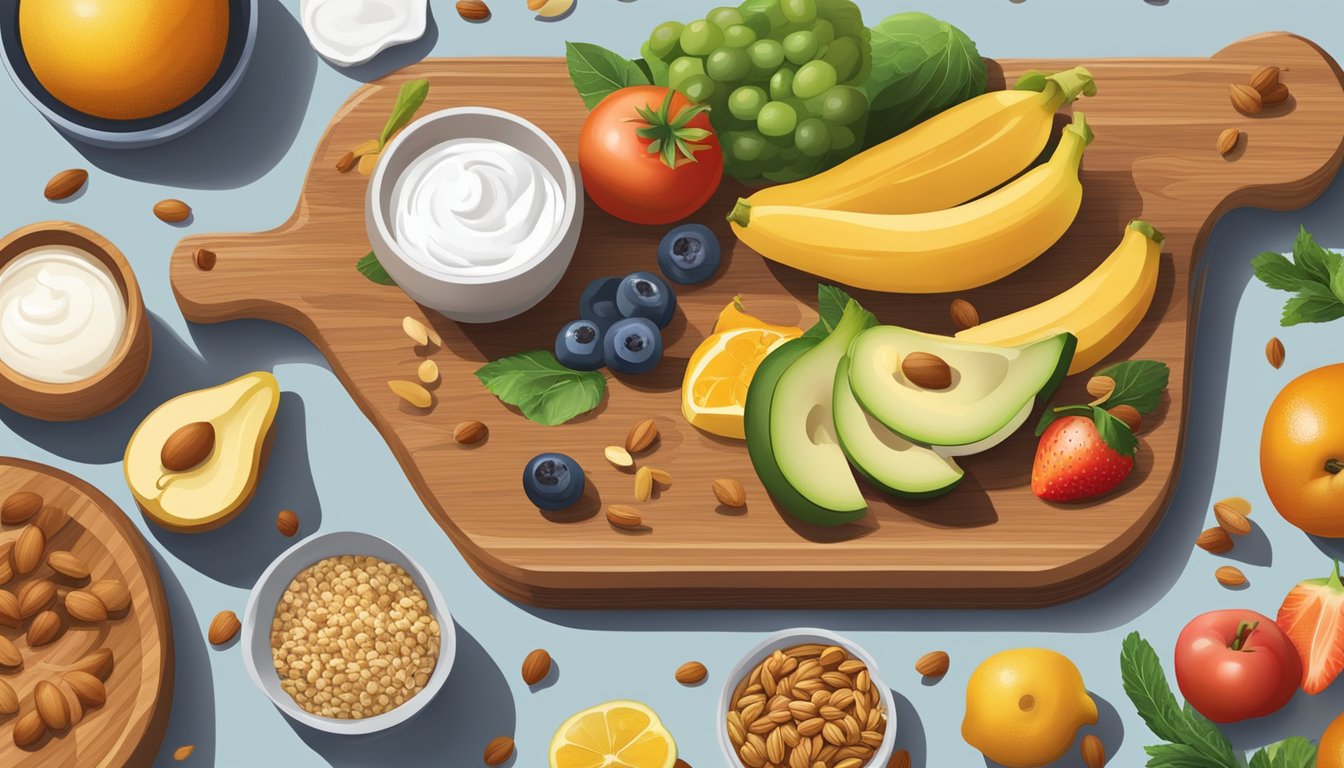 A colorful array of fresh fruits, vegetables, nuts, and whole grains arranged on a wooden cutting board, with a bowl of Greek yogurt and a jar of honey nearby