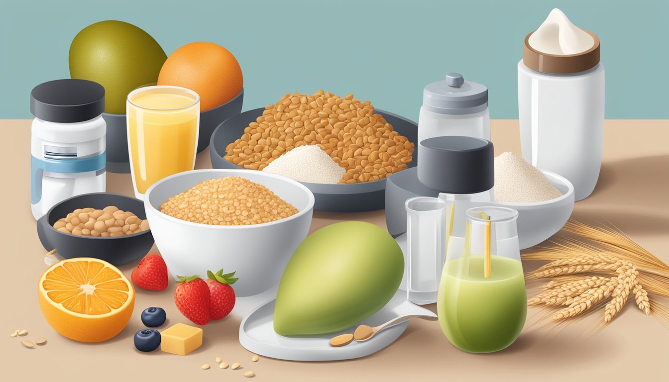 A table set with a balanced breakfast of fruits, whole grains, and protein, surrounded by skincare products and a blood glucose monitor