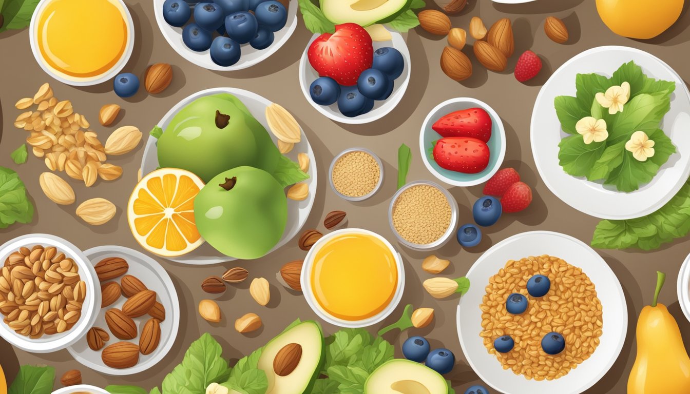 A breakfast table with colorful fruits, vegetables, whole grains, and nuts arranged in an appealing and appetizing manner