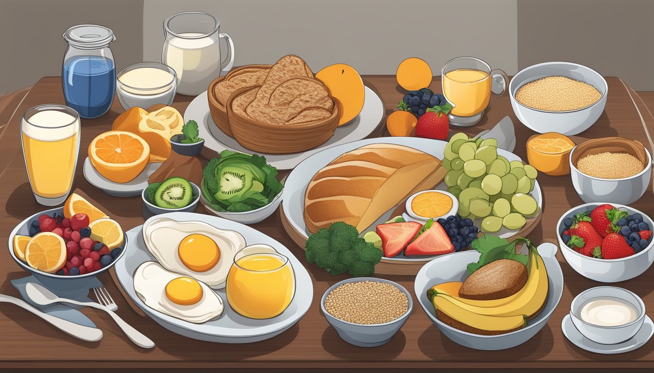 A breakfast table with a variety of foods, including fruits, whole grains, and protein sources, with a diabetic-friendly meal plan