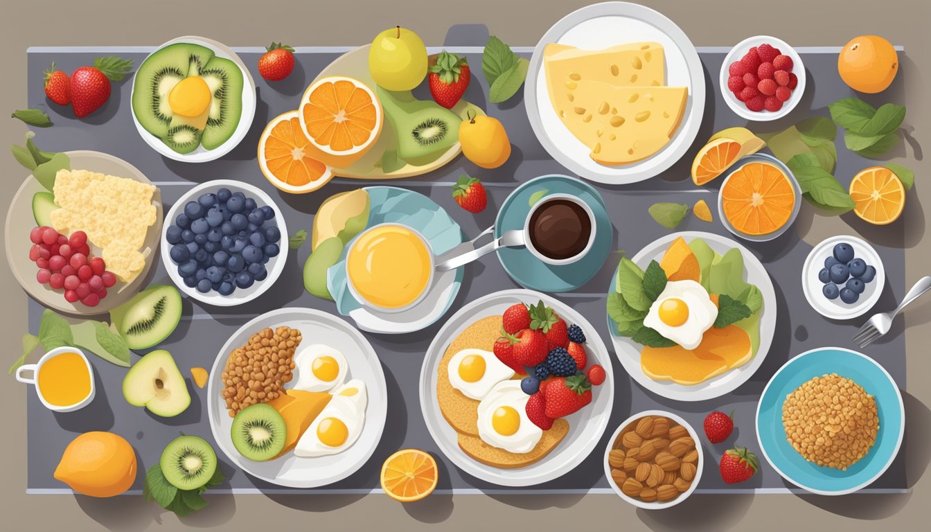 A table set with a colorful array of diabetes-friendly breakfast options, including fresh fruits, whole grains, and lean proteins, all arranged in an inviting and appetizing display