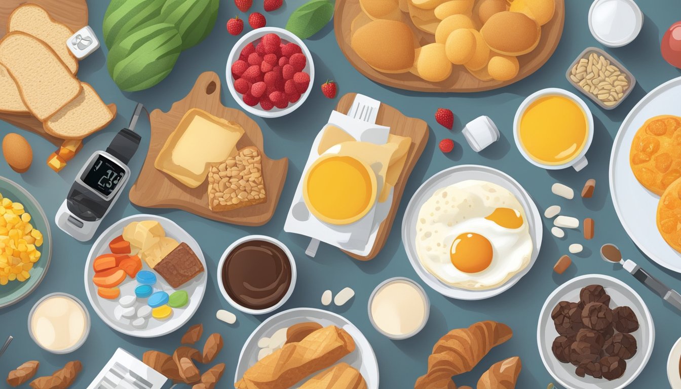 A breakfast table with a variety of medications, a blood sugar monitor, and different breakfast food options spread out, with a focus on the impact of medications on diabetic blood sugar levels