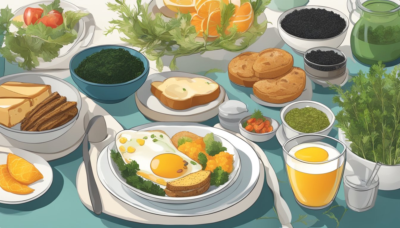 A breakfast table with a variety of diabetic-friendly foods, including seaweed incorporated into the meal