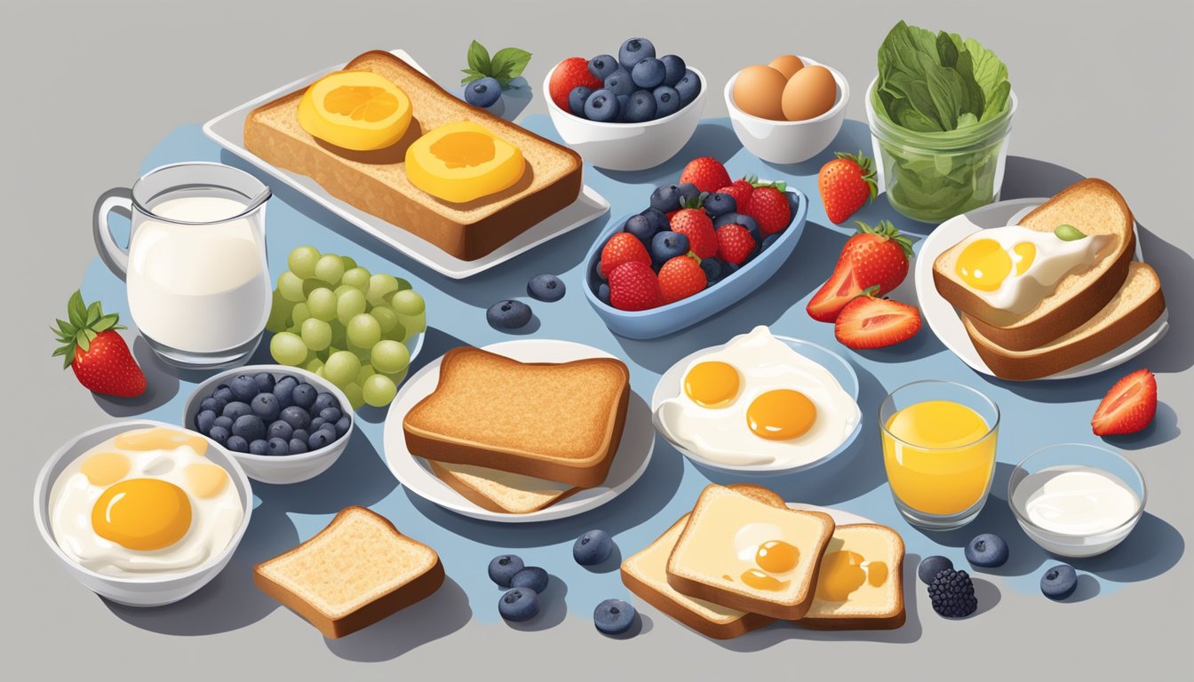 A colorful breakfast spread featuring a variety of diabetic-friendly foods such as whole grain toast, fresh fruit, yogurt, and eggs