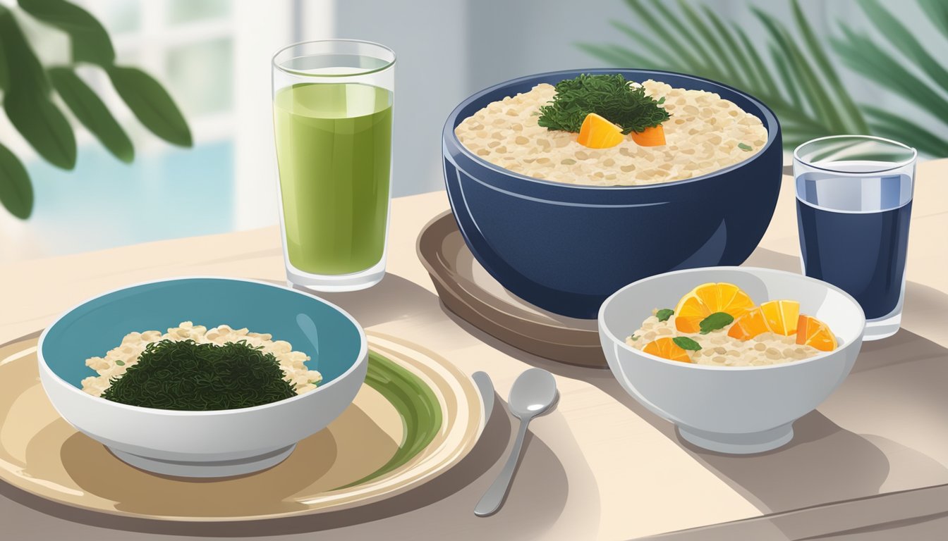 A breakfast table with a bowl of oatmeal topped with seaweed, a plate of mixed fruits, and a glass of water