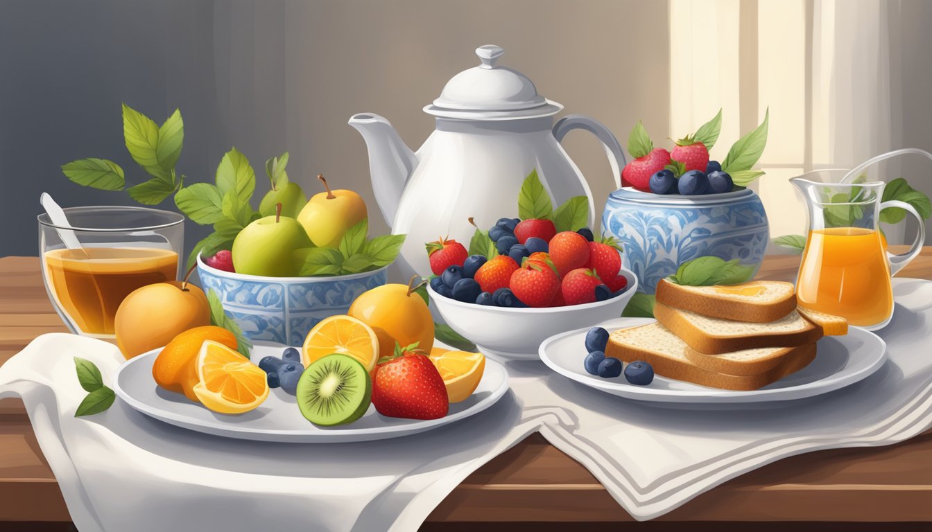 A table set with a colorful array of fresh fruits, whole grain toast, Greek yogurt, and a steaming pot of herbal tea