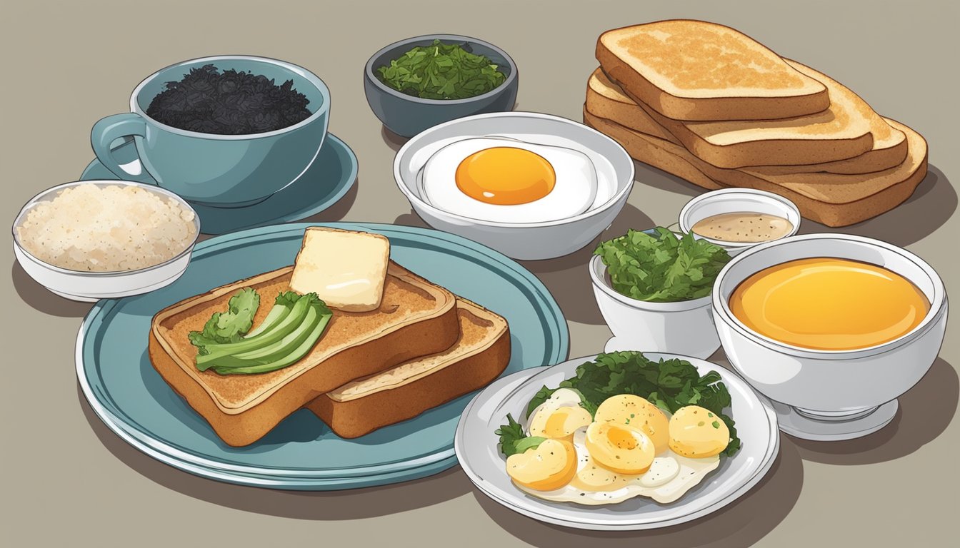 A breakfast plate with a variety of foods including seaweed, eggs, vegetables, and whole grain toast