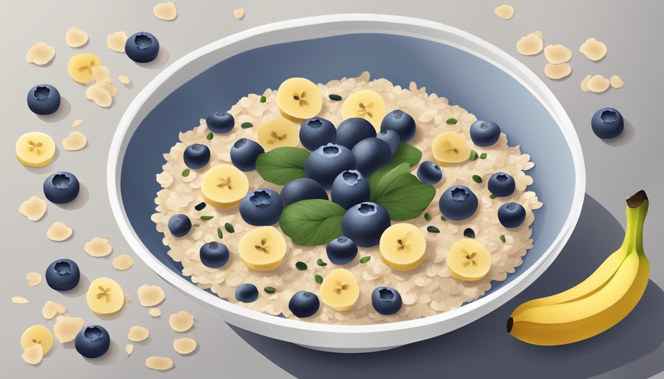 A bowl of oatmeal with sliced bananas and blueberries, topped with a sprinkle of dried seaweed flakes