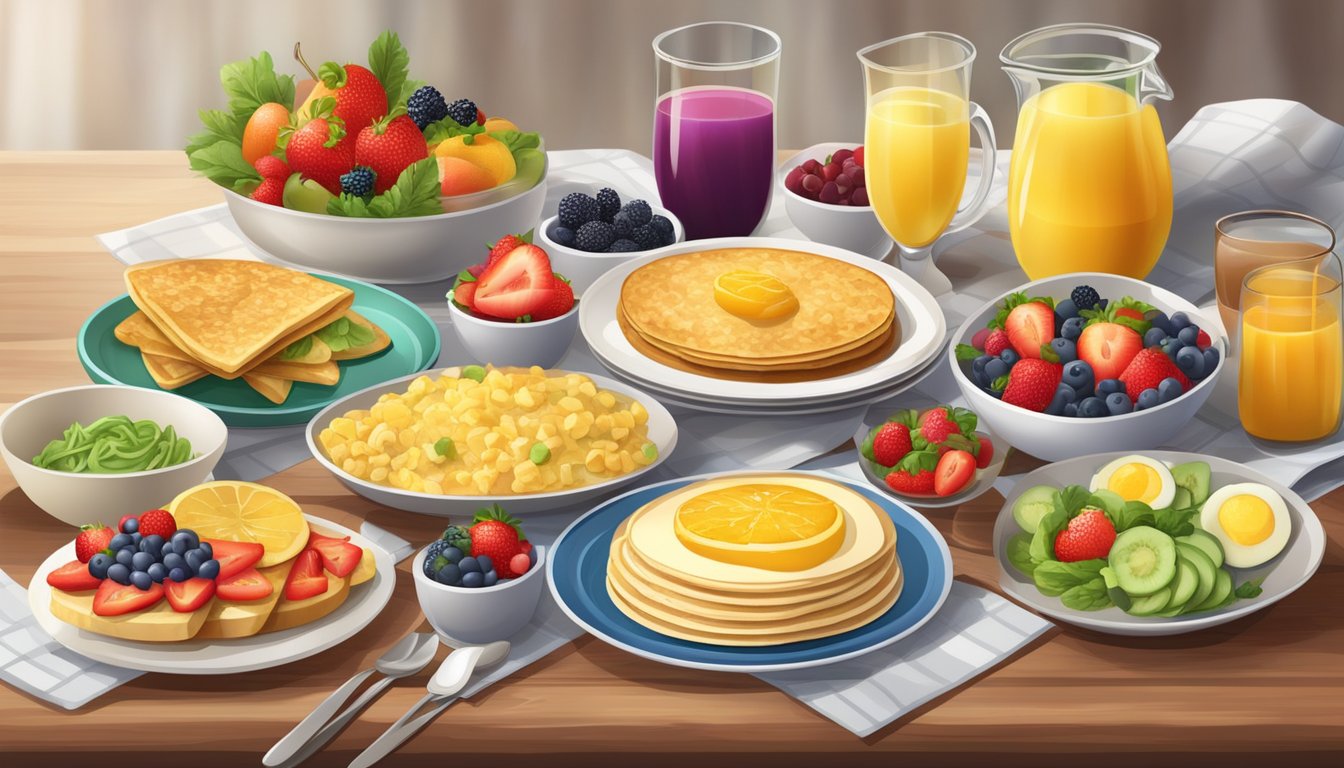 A festive breakfast table with a variety of colorful and nutritious diabetic-friendly dishes, such as fruit salads, whole grain pancakes, and vegetable omelets