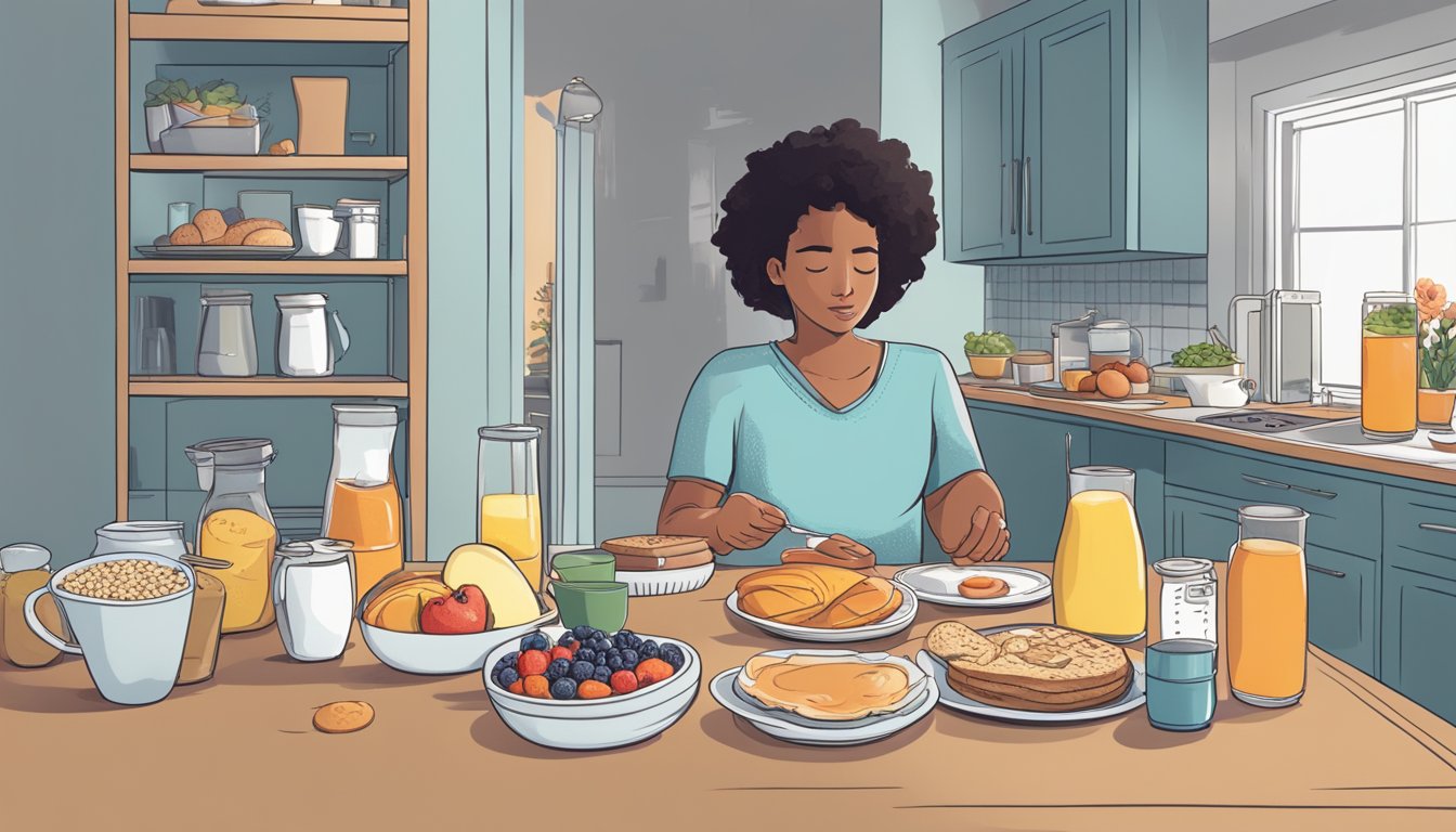 A person standing in front of a breakfast spread, with various food options and a blood sugar monitor on the table. The person looks stressed and conflicted while making their breakfast choice