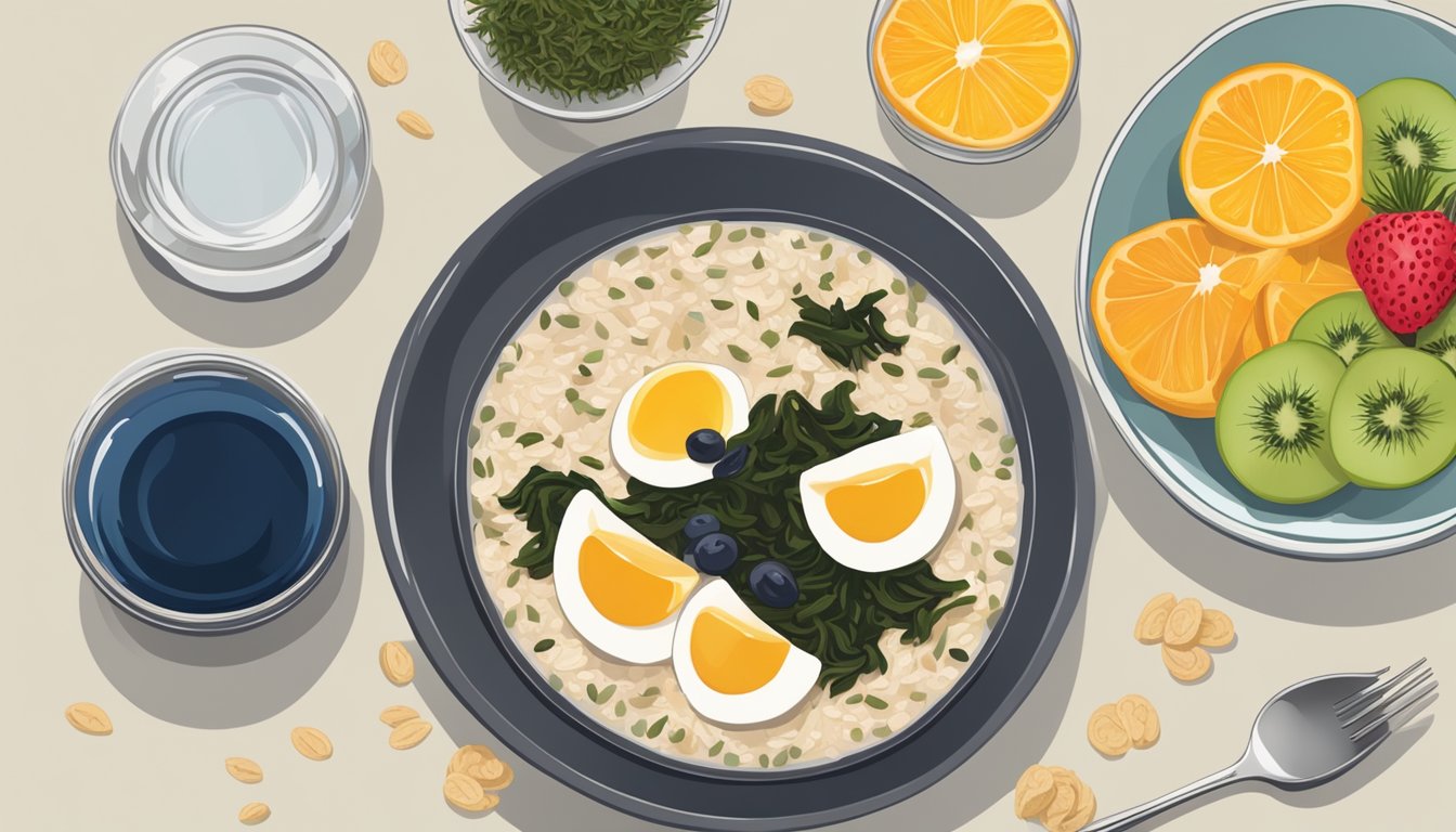 A breakfast table with a bowl of oatmeal topped with seaweed, a plate of sliced fruit, and a glass of water