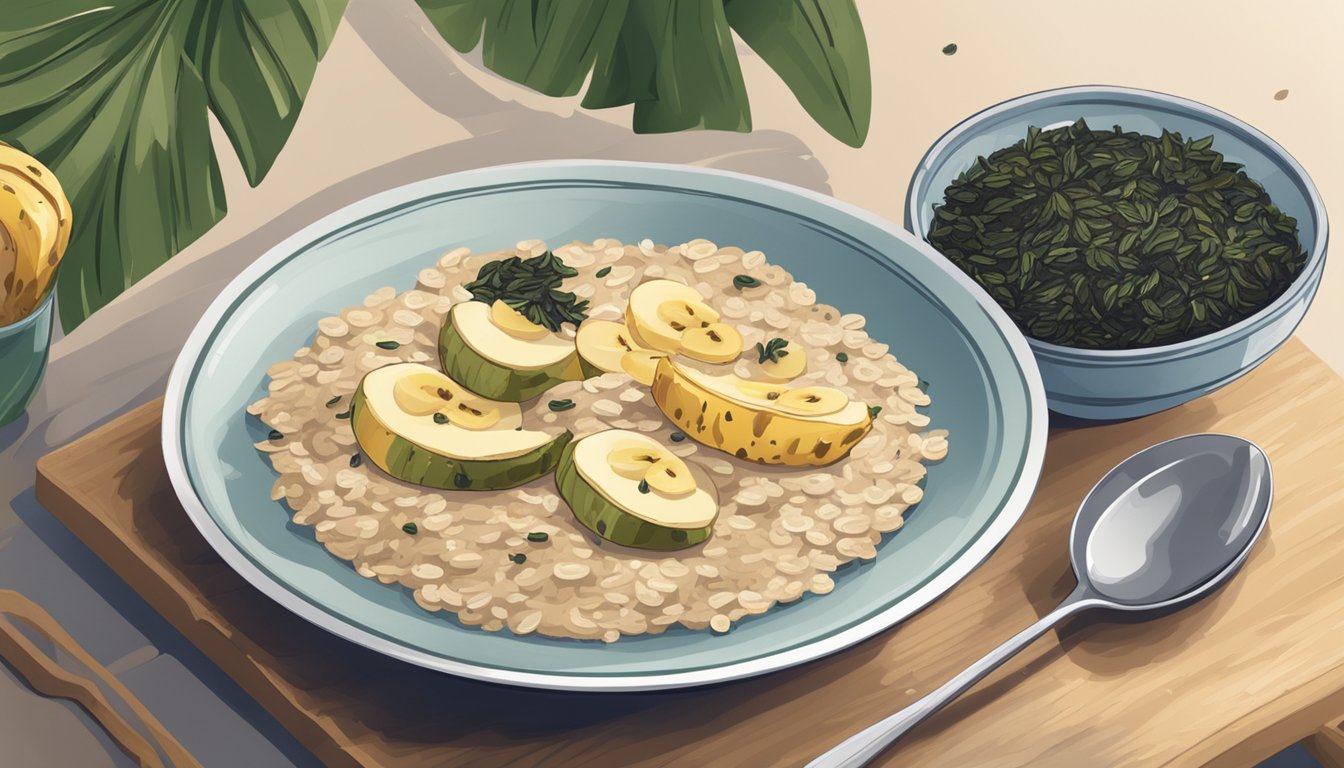 A breakfast table with a bowl of oatmeal topped with sliced bananas and sprinkled with dried seaweed flakes. A glass of water and a plate of whole grain toast complete the scene